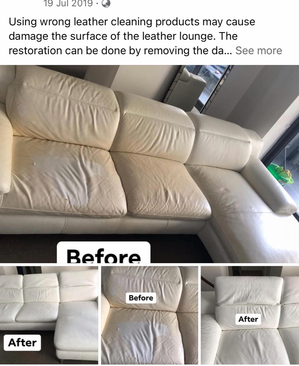Archived Facebook before and after collage of a light leather sectional affected by surface damage