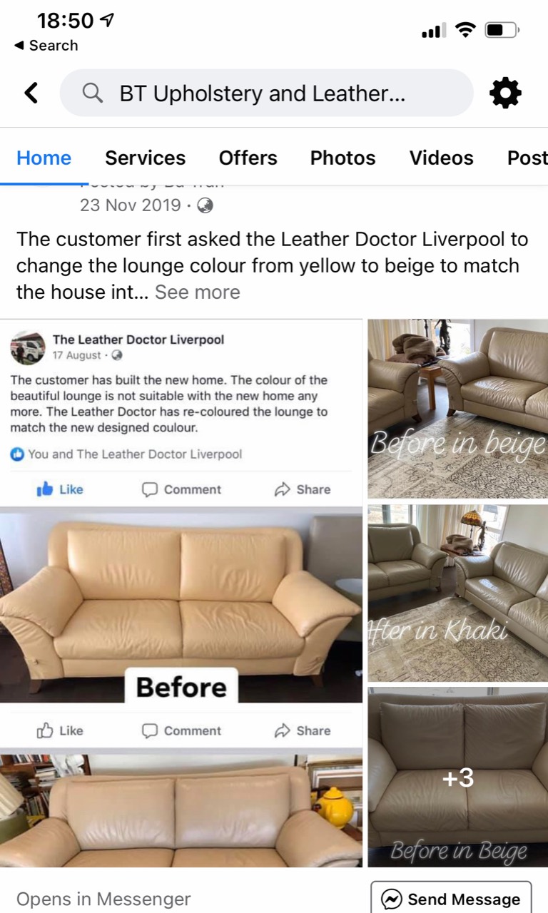 Archived BT Facebook post showing a leather lounge colour-change project from beige to khaki
