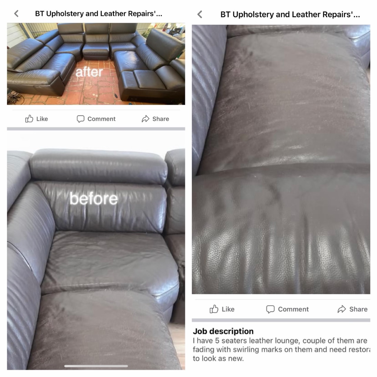 Archived Facebook collage showing a grey five-seat leather lounge with faded swirl marks and an owner-labelled completed view