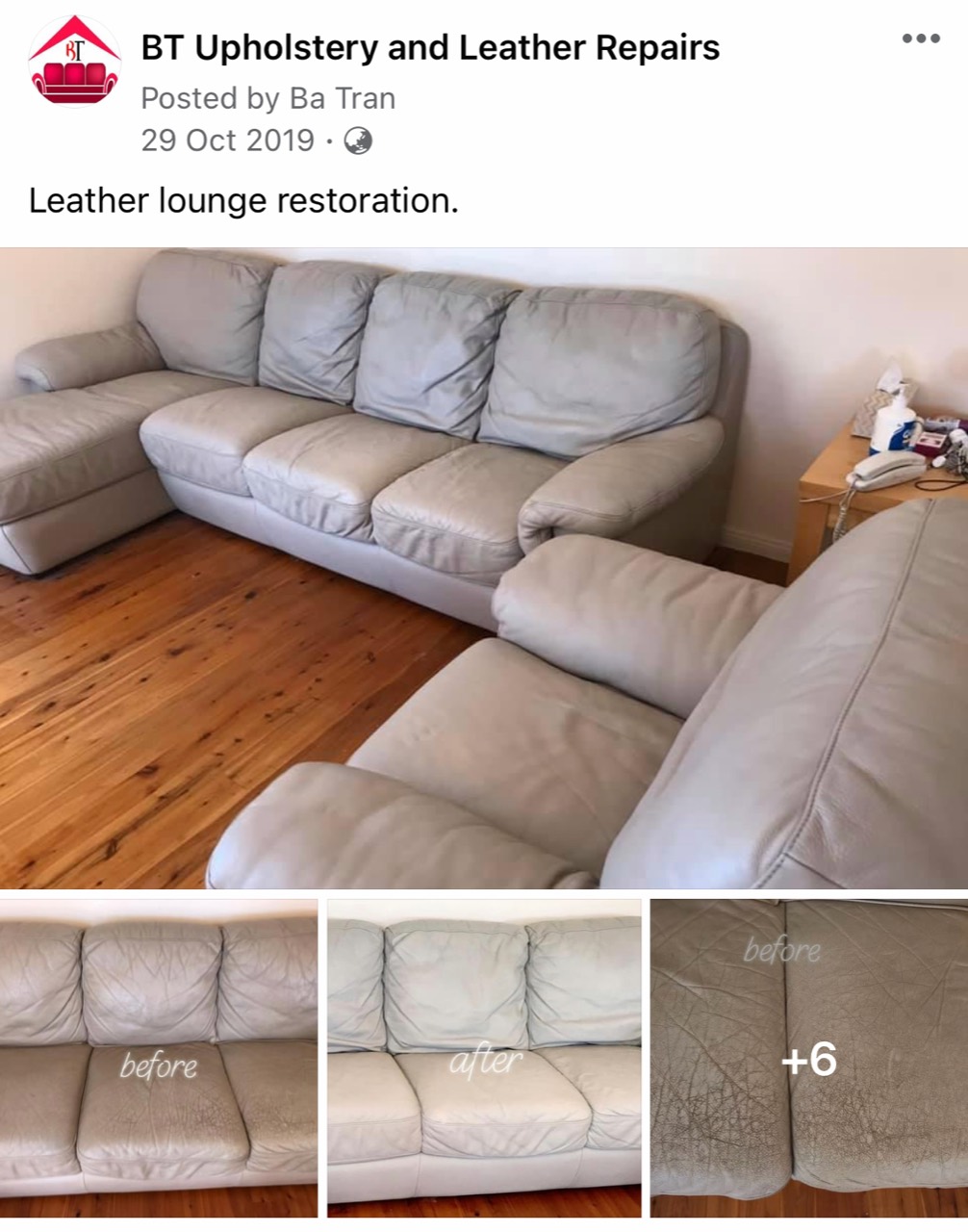 Archived BT Facebook leather lounge restoration post with light-coloured lounge and before and after details