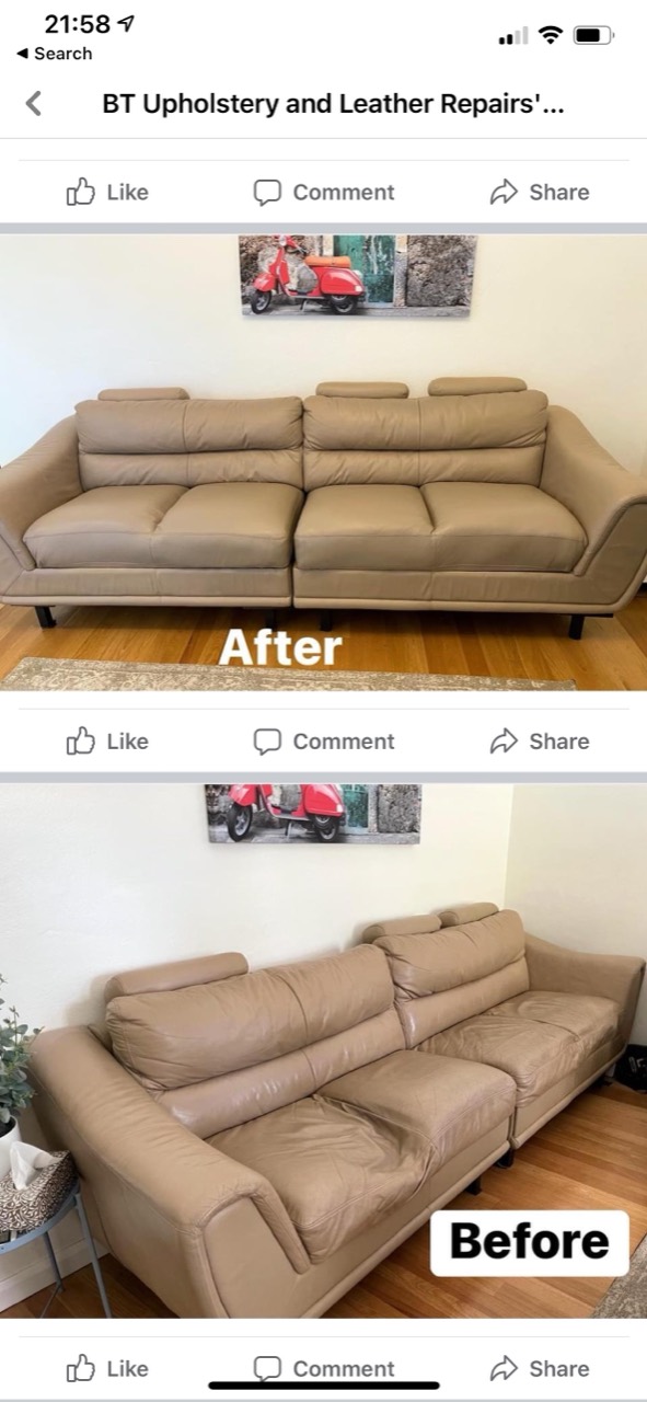 BT Facebook before and after screenshot showing a worn leather lounge and its refreshed completed appearance