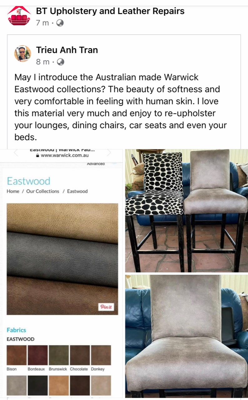 BT Facebook post presenting Warwick Eastwood upholstery fabric and completed upholstered dining chairs